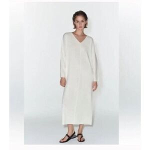Zara Women Midi Knit Dress Size S Ecru Ivory Front seam long sleeve 5536/042 NWT